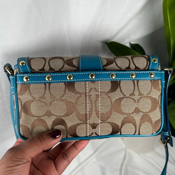 SOLD COACH Vintage Blue Studdd Crossbody Monogram Purse Gold Hardware - Picture 5 of 9